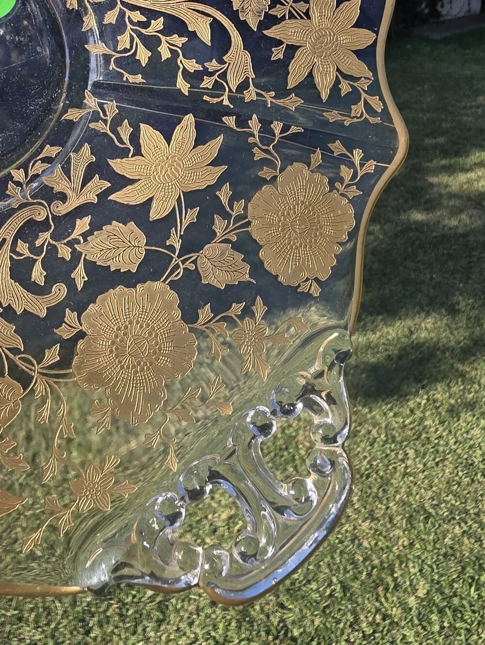 Vintage 1930s Cambridge Glass Wildflower Gold Encrusted 2-Handled Platter